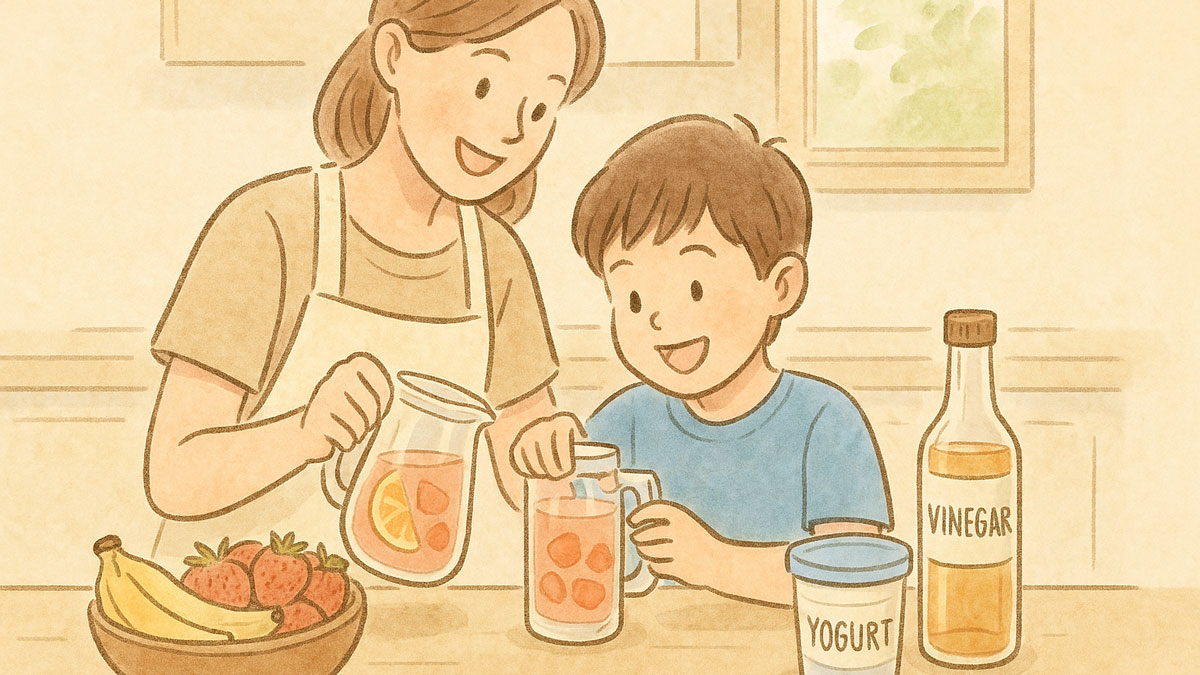 自然光が差し込むキッチンで、母親と小さな男の子が一緒にフルーツ入りの酢ドリンクを作っている優しい雰囲気のイラスト