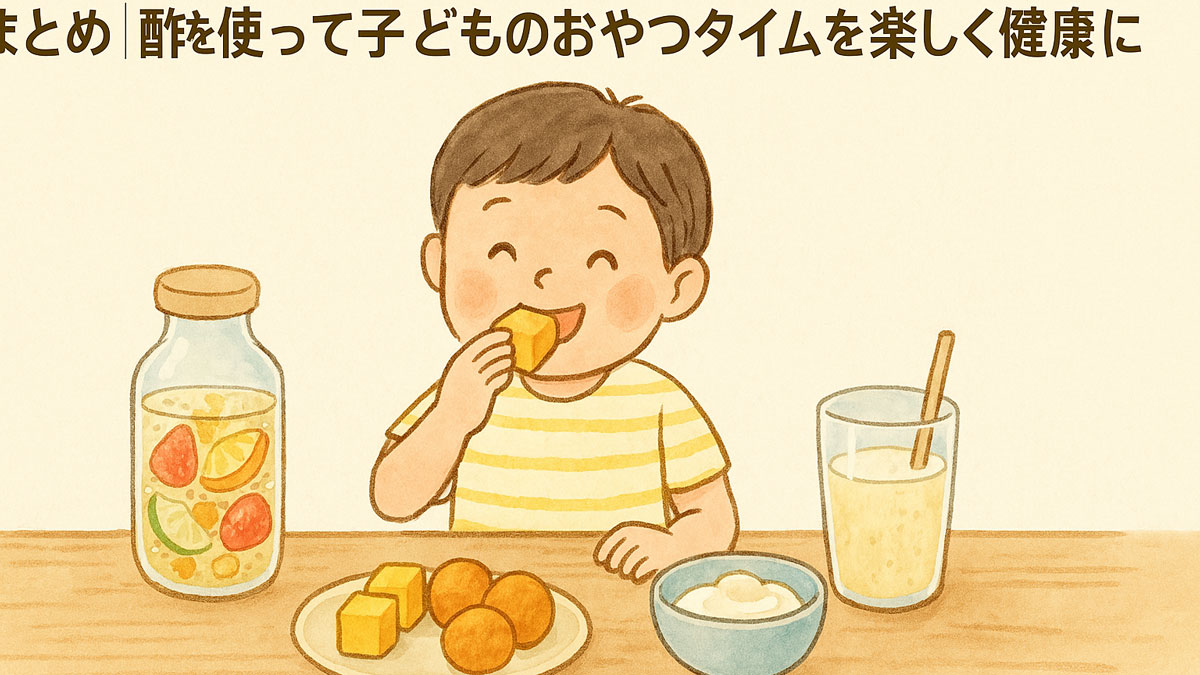木のテーブルで酢を使ったカラフルなおやつを楽しそうに食べる男の子と、やさしい光に包まれた家庭的な雰囲気のイラスト。