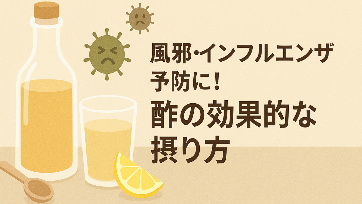 風邪・インフルエンザ予防に役立つ酢の摂り方を紹介する優しいイラスト。酢のボトルやグラス、レモン、ウイルスのイラストと共に「風邪・インフルエンザ予防に！酢の効果的な摂り方」と日本語の文字。