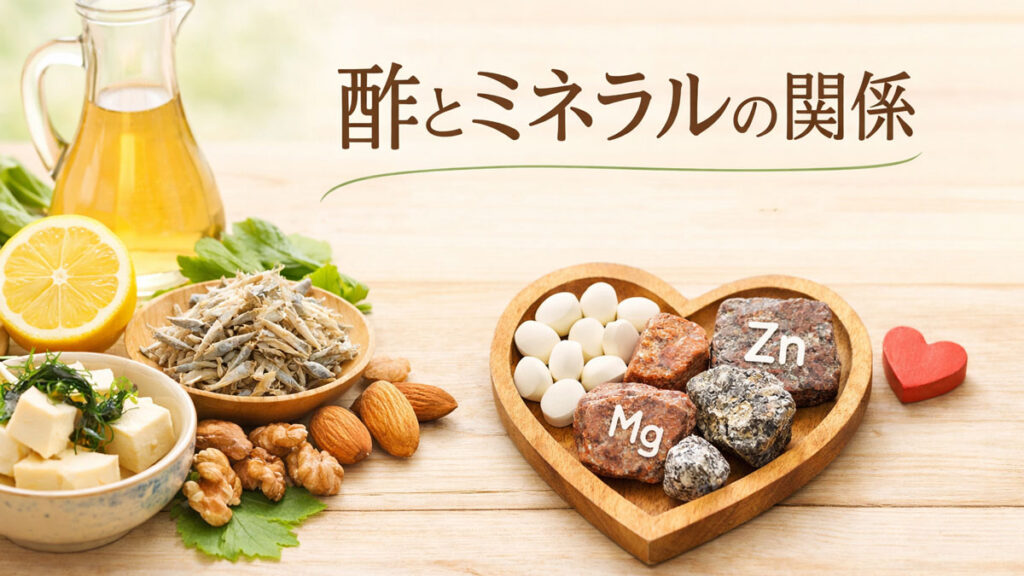 ガラスボトルの酢と小魚、ナッツ、豆、レモンなどミネラル豊富な食材を並べ、「酢とミネラルの関係 内側から整える健康習慣」の文字が入ったナチュラルで優しい雰囲気のアイキャッチ画像