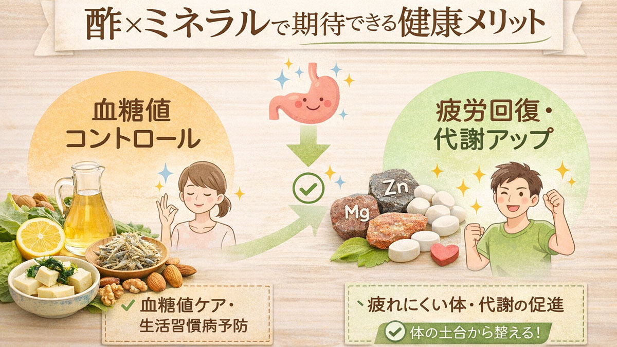 酢とミネラルの組み合わせで「血糖値コントロール」「疲労回復・代謝アップ」の健康メリットを示したイラストと、ホットビネガーや小魚、ナッツ、ミネラルを背景にしたナチュラルで優しい雰囲気の画像