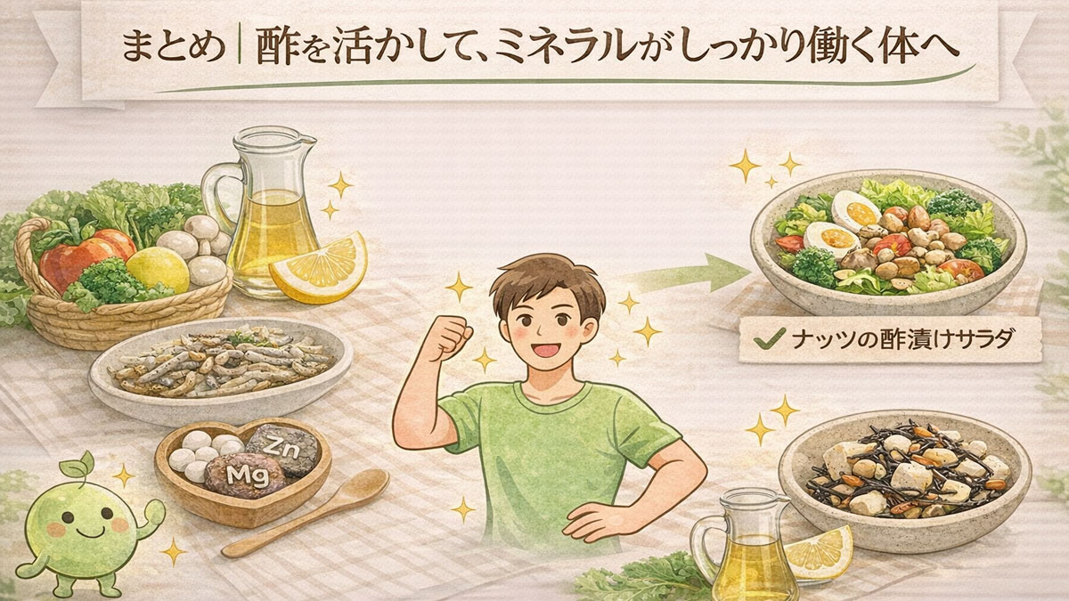 酢とミネラル豊富な食材に囲まれて元気にガッツポーズする人物と「まとめ|酢を活かして、ミネラルがしっかり働く体へ」の文字が入った、健康習慣の成果を表すナチュラルで優しい雰囲気のイラスト画像