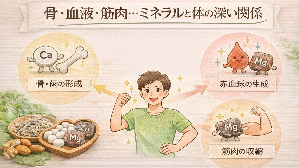 カルシウムが骨と歯を支え、鉄分が血液をつくり、マグネシウムが筋肉の働きを助ける様子をやさしいイラストで示した、ミネラルと体の関係がわかるナチュラルな雰囲気の画像