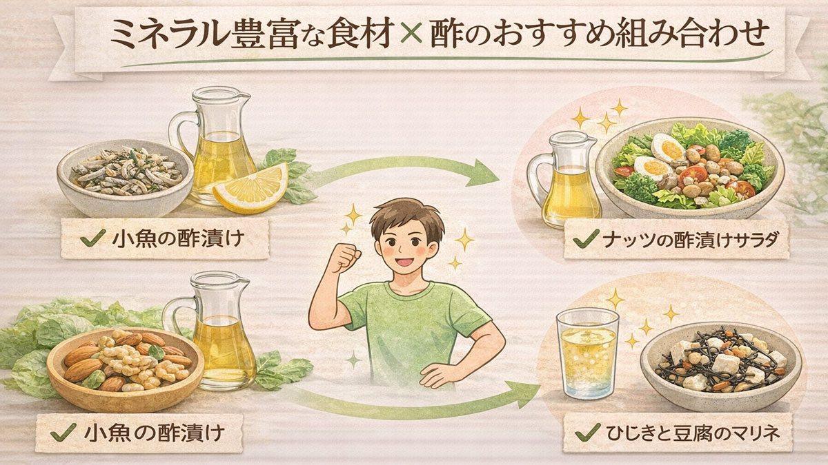 小魚の酢漬け、ナッツの酢漬けサラダ、ひじきと豆腐のマリネなど、ミネラル豊富な食材と酢のおすすめ組み合わせをイラストで紹介した、ナチュラルで優しい雰囲気の画像
