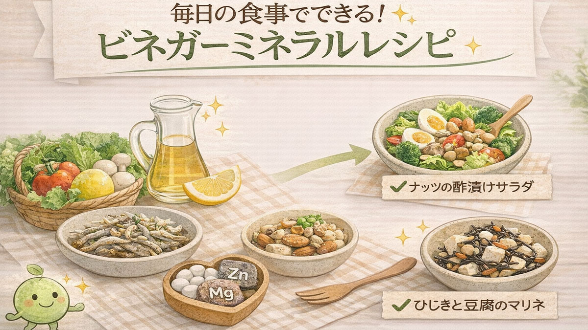 ナッツの酢漬けサラダ、ひじきと豆腐のマリネ、小魚の南蛮漬けなど、毎日の食事で作れるビネガーミネラルレシピを並べた、ナチュラルで優しい雰囲気のイラスト画像