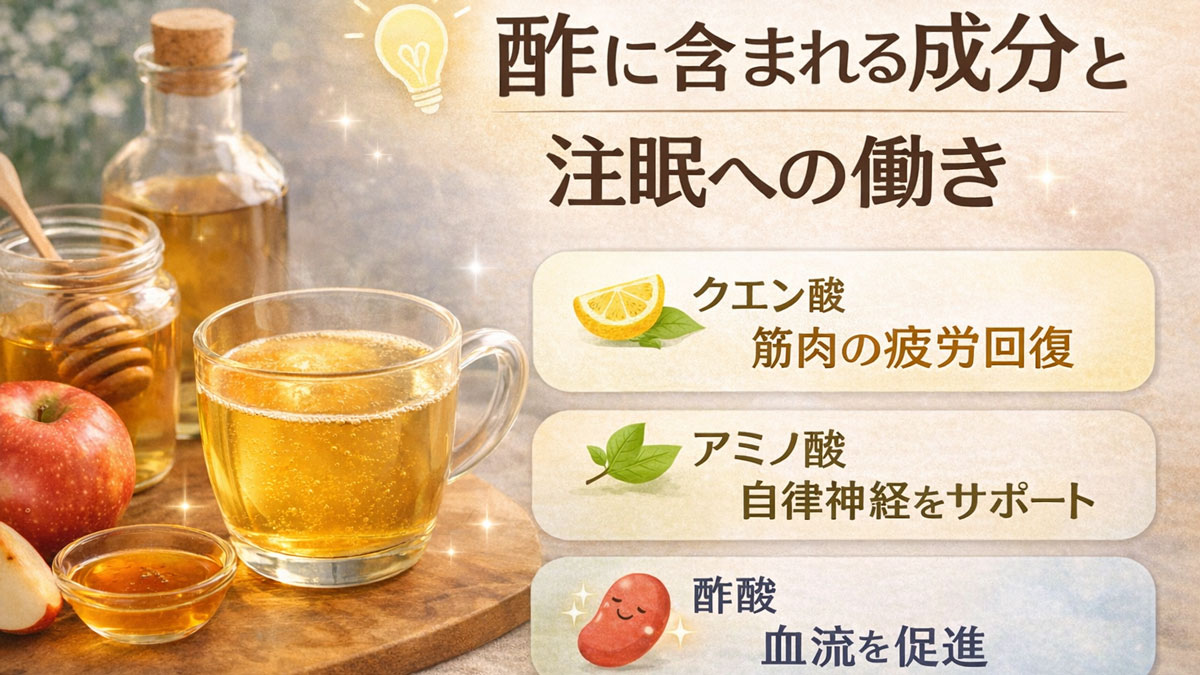 ホットビネガーとりんご、はちみつの写真とともに、「クエン酸＝疲労回復」「アミノ酸＝自律神経サポート」「酢酸＝血流促進」と酢の成分と睡眠への働きを解説したナチュラルなイメージ